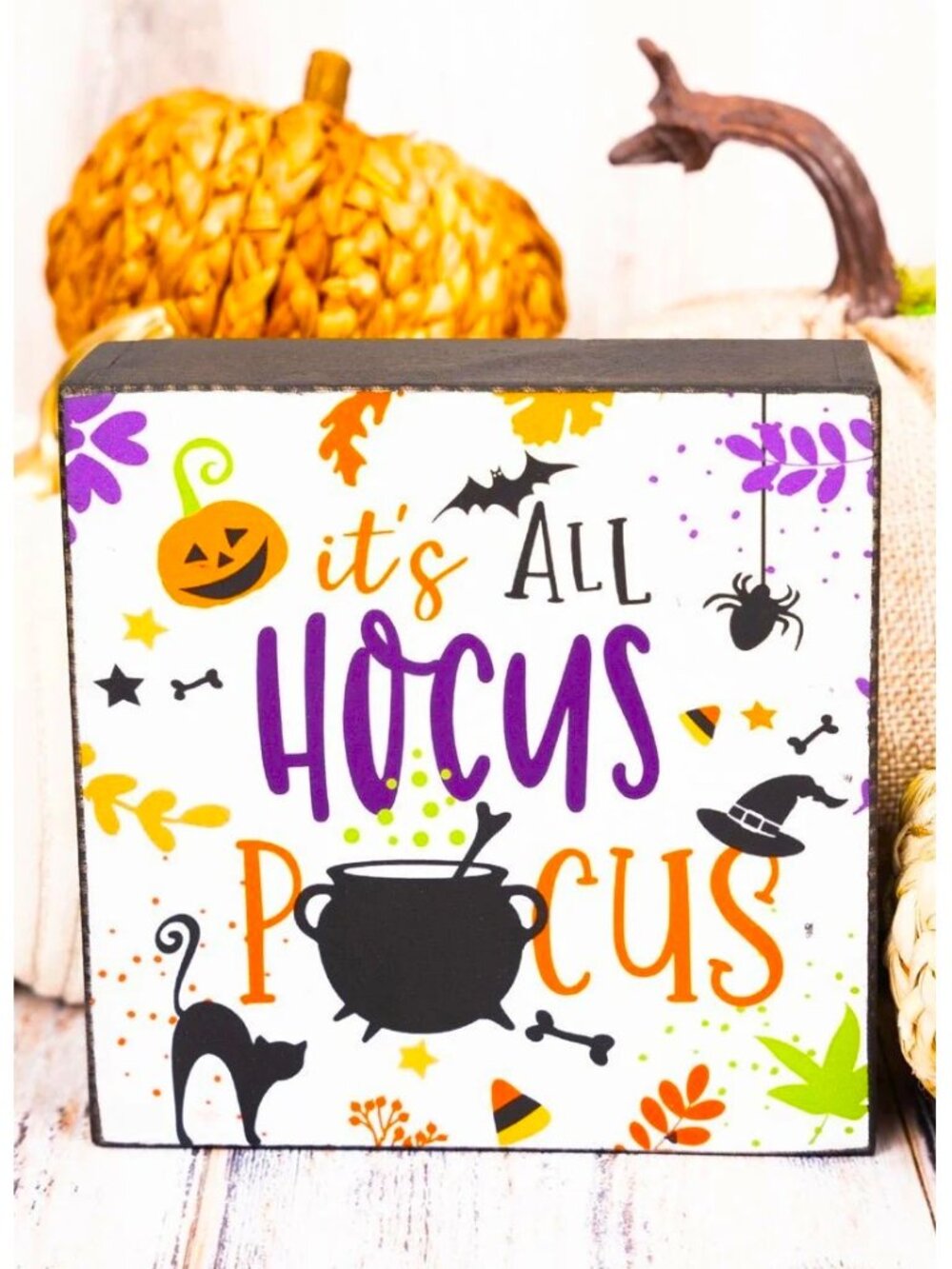 Halloween Hocus Pocus Witch Cauldron Wood Block Sign Spooky Home Décor NWT